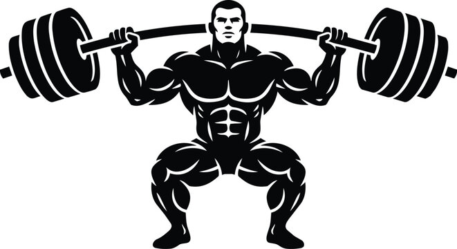 Strong bodybuilder lifting a barbell vector silhouette for gym logo and fitness badge design