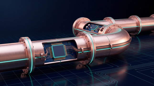 Industrial internet of things concept featuring copper pipeline revealing integrated microchip circuit board representing data flow infrastructure