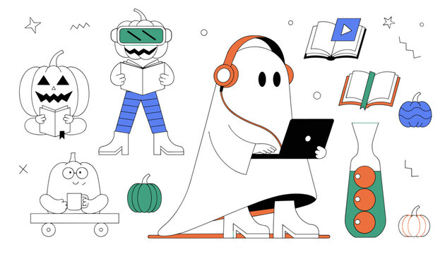 Happy Halloween Day cute ghost character using laptop and wearing headphones with pumpkin friends.