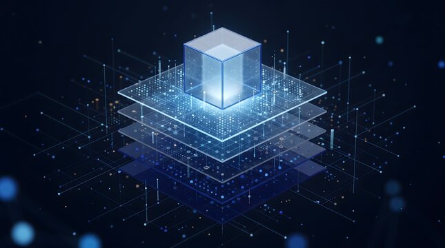 Abstract digital layers of data and information processing with glowing cube on top representing technology and network connections