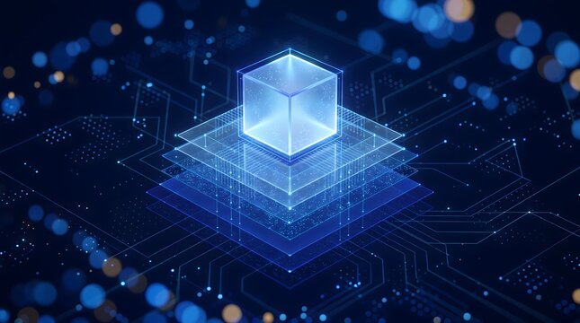 Abstract digital cube structure with glowing lines and particles on a dark blue technological background representing data network or blockchain technology concepts.
