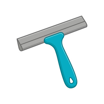 Blue handled window squeegee with rubber blade on white background.