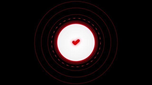 Glowing red checkmark symbol animation with pulsing concentric circles for success and verification concepts