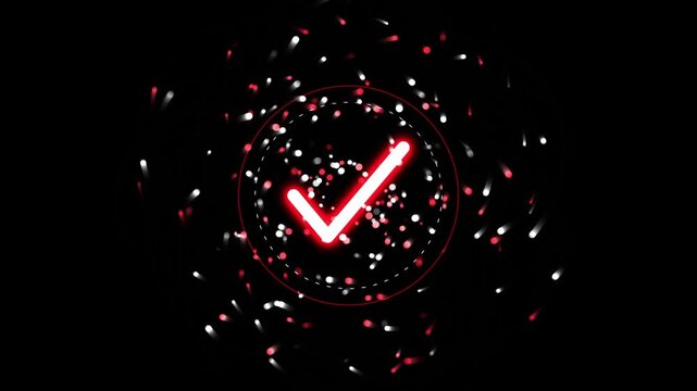 Glowing red neon check mark with dynamic particle motion background, for success and, approval concepts