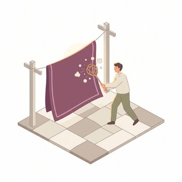 Isometric vector of a person beating a plum rug on a clothesline for spring cleaning