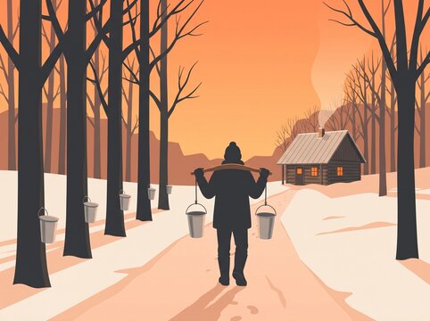 Vector of a person carrying maple sap buckets on a yoke toward a steaming sugar shack at dusk