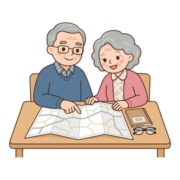 Elderly caucasian couple planning travel route with map at table.