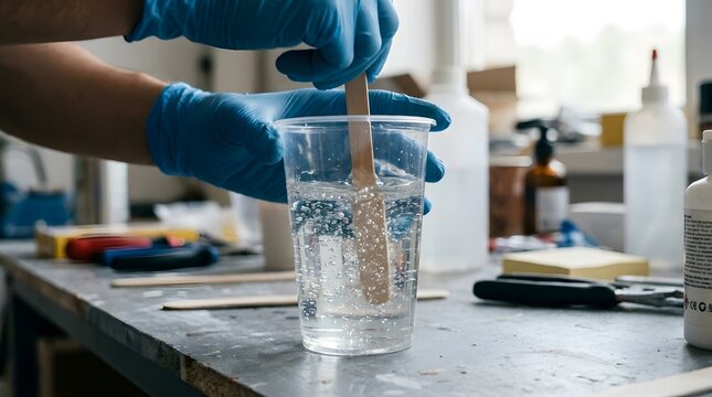 Close up of hands in blue nitrile gloves mixing clear epoxy resin and hardener in a plastic cup with a wooden stick, creating air bubbles for a DIY craft project or industrial adhesive use.