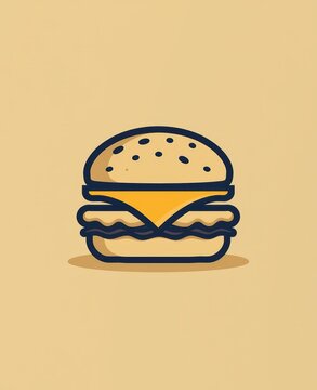 Minimalist burger icon with cheese and lettuce on beige background for fast food branding