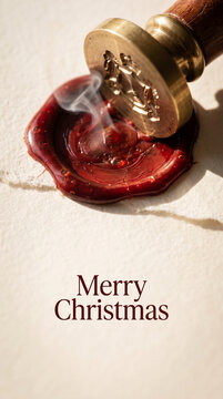 Elegant Merry Christmas banner with red wax seal, brass stamp, and smoke on textured paper. Vintage luxury design for holiday greeting cards and invitations.