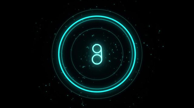 Neon cyan glowing letter g with pulsing circular hud interface and digital particles