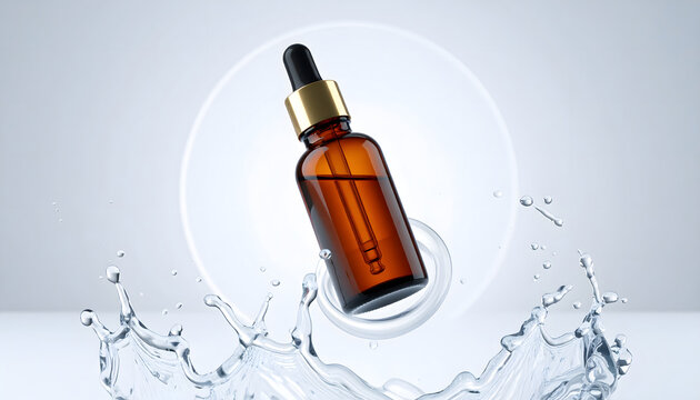 Floating Skincare Dropper & Liquid Splash: Amber glass cosmetic serum bottle with dropper in fresh water splash for pure care