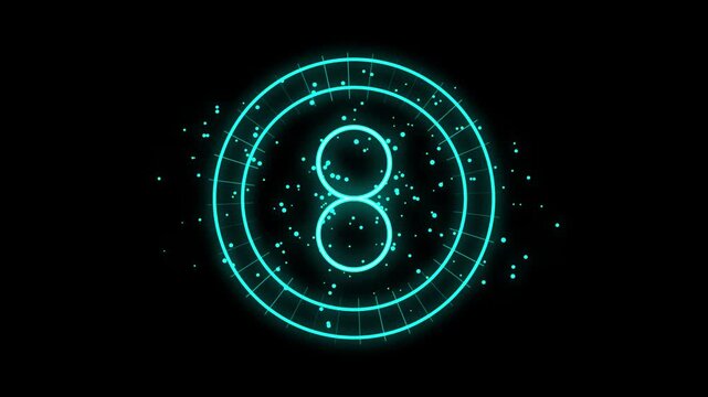 Neon digital countdown timer with glowing particles, futuristic hud interface for motion and broadcast
