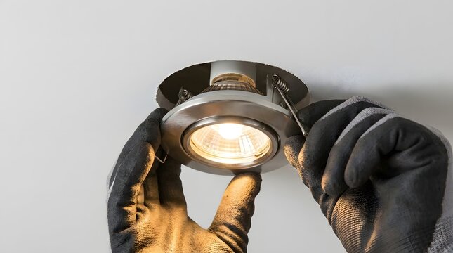Professional electrician hands in black protective gloves installing a modern warm recessed spotlight into a white plasterboard ceiling during home renovation and electrical maintenance.