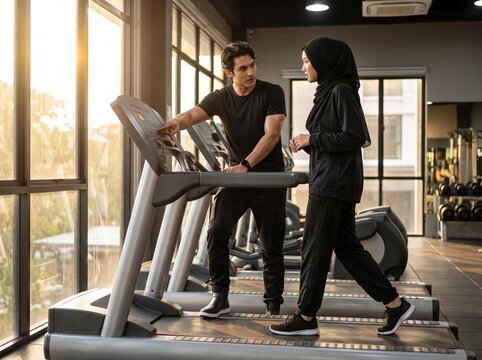 young couple in the gym. Instructor guide the new comer in gym. 
