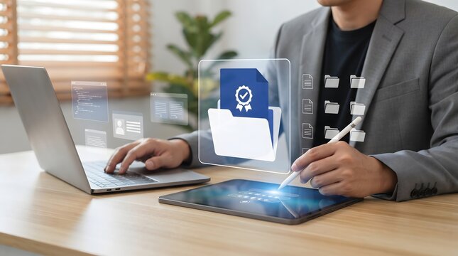 Man using laptop and tablet with digital interface displaying documents folders and certification icons representing digital document management and data organization.