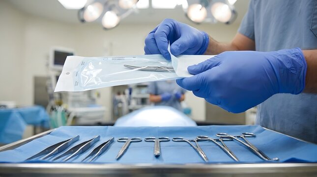 Close up of medical professional hands in blue gloves opening a sterile peel pouch with surgical instruments on a tray in a hospital operating room environment during surgery preparation