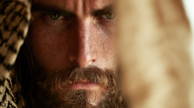 Intense man face close up with beard and mustache showing serious expression and textured skin in natural light