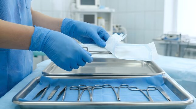 Professional medical staff wearing blue surgical gloves opening a sterile package of surgical scissors over a tray of metal instruments in a modern hospital operating room or clinic.