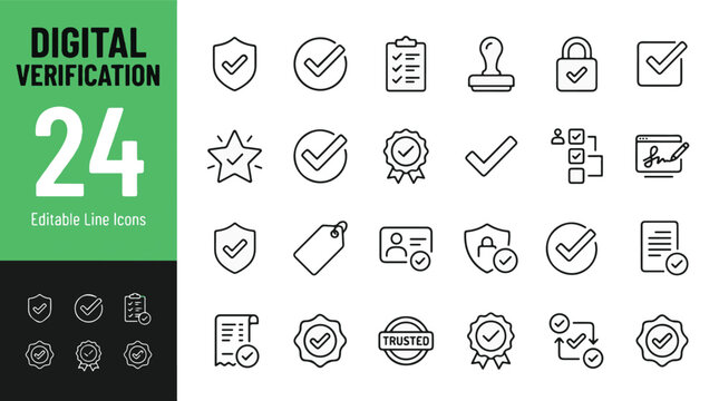 Digital Verification Icon Set for Identity Authentication, Cybersecurity, Quality Assurance, Approved Document Checkmarks, Shield Security, Trusted Badges, and Online Digital Signature.