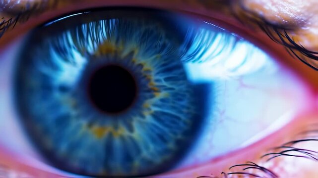 Macro view of a human eye with blue iris detail, and closeup.