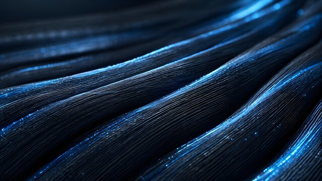 Wavy strands with illuminated blue lines create an abstract textured pattern