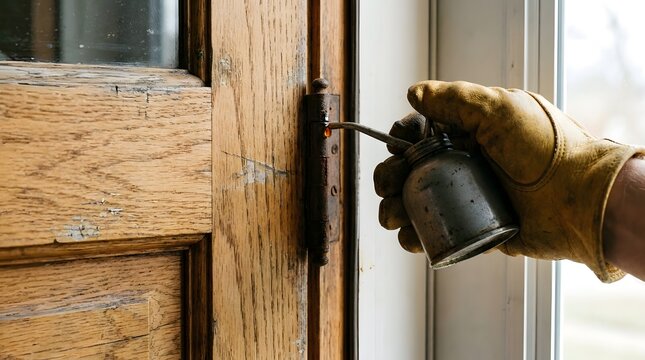 Close up of a person wearing a yellow leather work glove lubricating a rusty metal door hinge on an old wooden door using a vintage metal oil can for maintenance and repair home improvement.