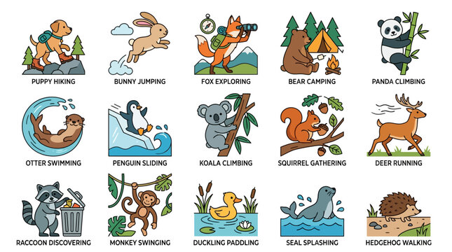 Cute Animals Doing Outdoor Activities Vector Illustration Set with Educational Action Verb Captions
