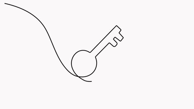 Key line-art animation depicting a continuous single-line drawing of a key icon with an upward arrow on a white background. 4K animation.