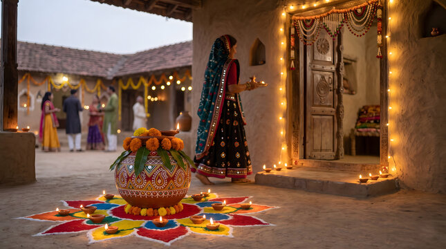 Traditional Navratri festival celebration in Gujarat with a woman holding a diya near a decorated clay Garbo pot, colorful rangoli, and warm courtyard lighting at night