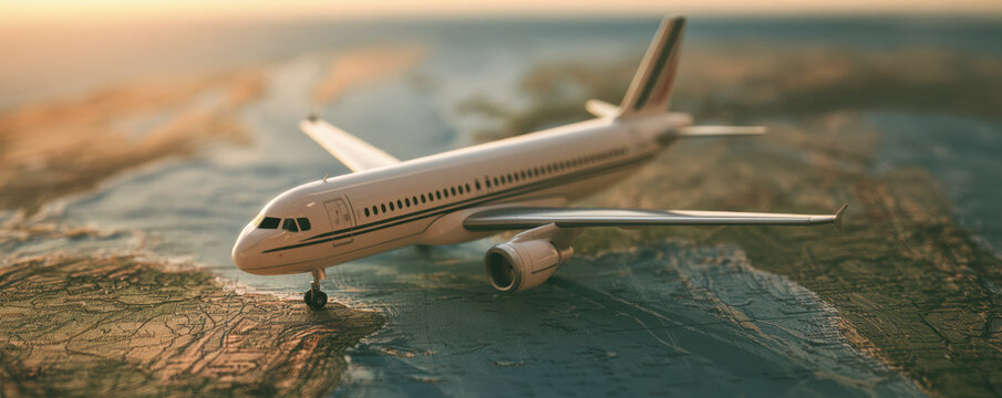 Airplane model on detailed map with warm lighting, symbolizing travel planning and adventure inspiration