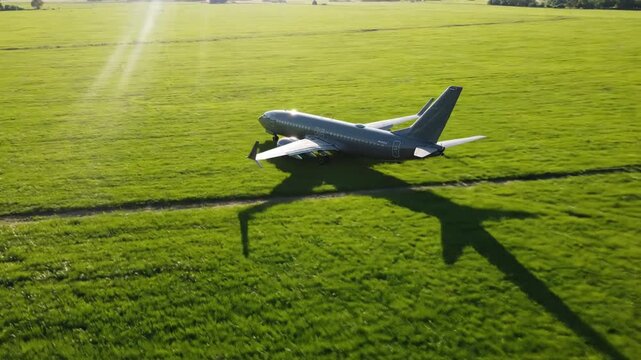 Grey passenger airplane parked in a lush green grass field