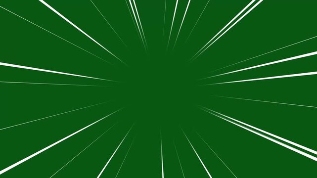 White anime speed streaks, radial zoom lines bursting outward from a dark center, manga comic motion graphic, seamless loop, dynamic 4k footage green background