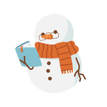 Cute snowman reading a book wearing orange scarf illustration isolated on white background