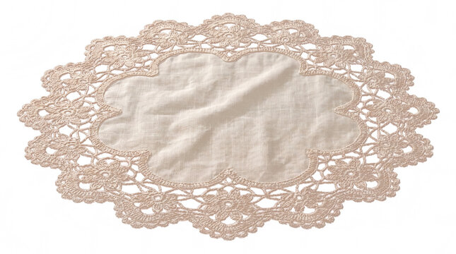 Vintage Cream Round Lace Doily with Scalloped Floral Border and Fabric Center Isolated on Transparent Background