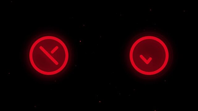 Neon red checkmark and x mark symbols animation for ui ux and decision making glowing