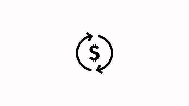 Financial currency exchange and monetary flow icon animation on white background. Dollar sign with rotating refresh arrows for money return, currency exchange, business transaction concepts