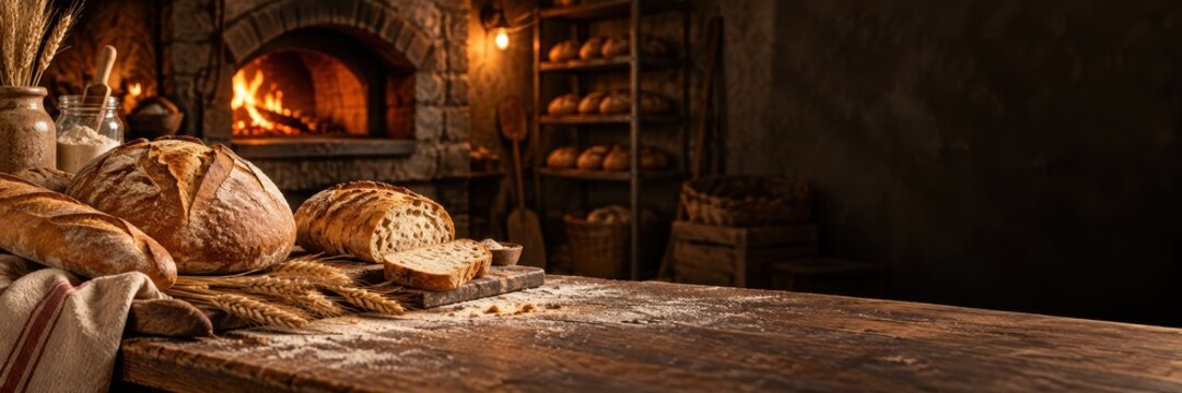 artisan sourdough bread loaves with wheat on rustic wooden table against wood-fired oven. traditional bakery background with copyspace. website header, banner.