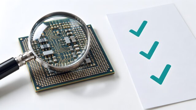 Close up of a computer microchip under a magnifying glass next to a checklist with three green checkmarks symbolizing quality control and inspection