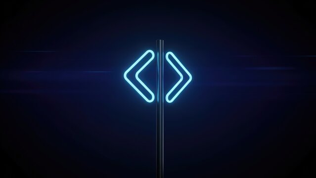 Glowing blue neon code brackets symbol on a dark background, 3D render
