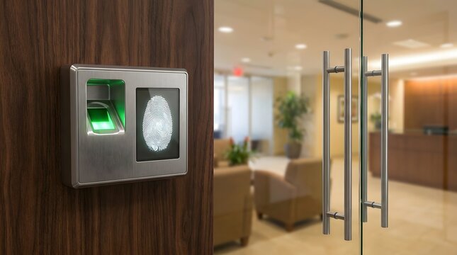Biometric Fingerprint Scanner with Glowing Green Sensor Mounted on Office Wall for Secure Access Control and Identification, Modern Corporate Security Technology with Blurred Interior Background