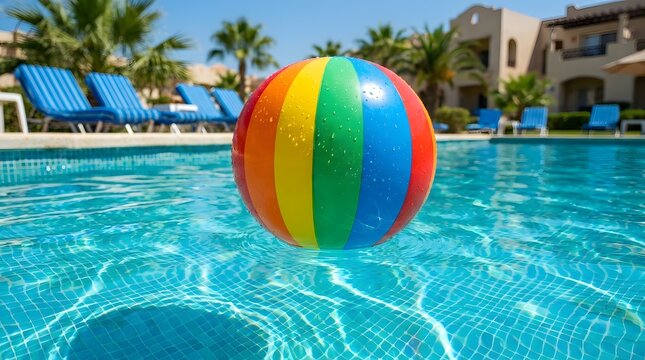 Colorful inflatable rainbow beach ball floating on clear blue water in a luxury resort swimming pool with sun loungers and palm trees in the background during a bright sunny summer day.