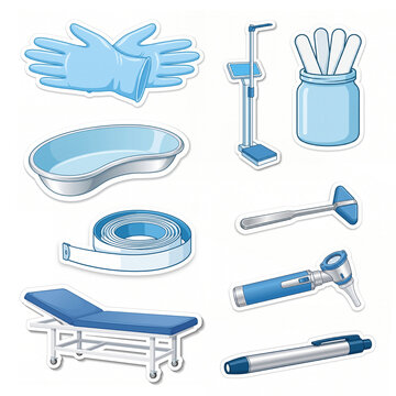 Set of blue general examination and OPD medical icons, examination table, medical scale, reflex hammer, and otoscope, isolated on white background, generative ai