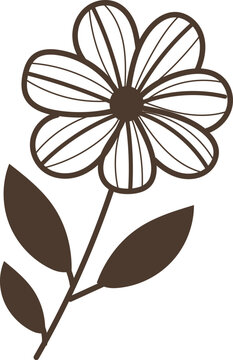 Stylized brown flower with thin lines on petals and three leaves