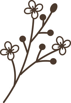 Stylized illustration of a flowering branch with buds and open blooms