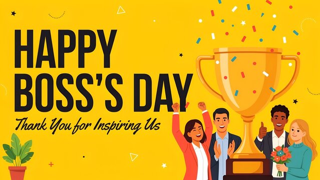 Happy Boss Day Greeting Card Background, Golden Trophy Trophy and Celebrating Office Team Concept, Bright Yellow Banner Illustration