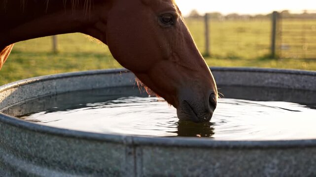 A brown horse drinks water from a galvanized metal trough in a sunlit field. Gentle ripples disturb the water's surface as the horse quenches its thirst