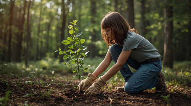 Girl kneeling planting small sapling in forest clearing with hopeful caring environmental mood generative AI
