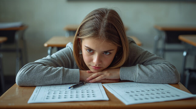 Teenage girl focused on math olympiad problem sheets with concentrated determined mood generative AI