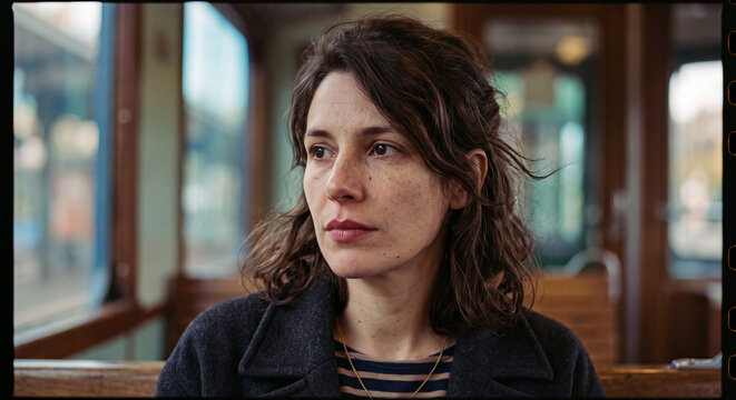 Thoughtful woman with dark curly hair sitting by a window in a vintage wood-paneled interior with soft natural light. Moody, cinematic portrait concept.